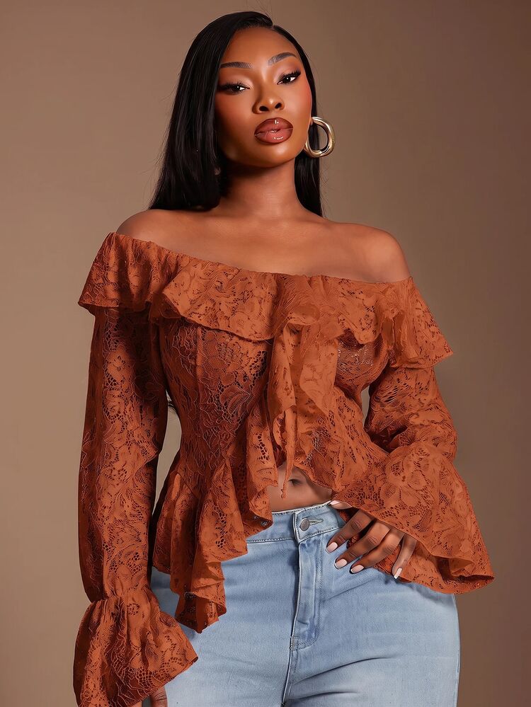 SHEIN SXY Brown Plus Size Women Autumn Vacation Casual Elegant 70's Open Front Ruffle Trim Cold Shoulder Long Sleeve Sheer Lace Blouse Formal Night - Brown - View 6