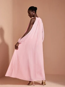 JIAN LASALA Chiffon Round Neckline Cold Shoulder Shirred Long Dress Vacation Party Elegant - Baby Pink - View 2