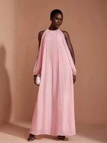 JIAN LASALA Chiffon Round Neckline Cold Shoulder Shirred Long Dress Vacation Party Elegant - Baby Pink - View 5