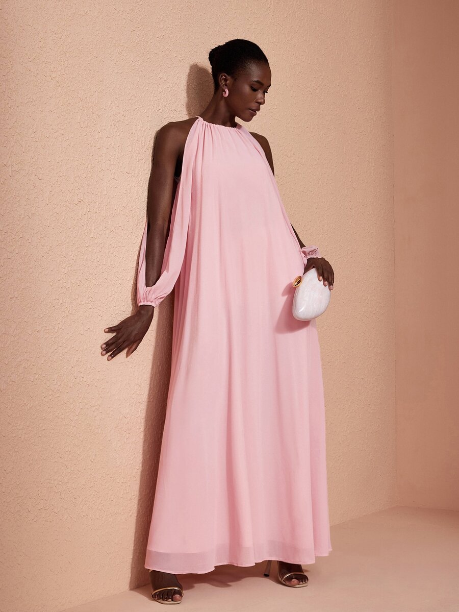 JIAN LASALA Chiffon Round Neckline Cold Shoulder Shirred Long Dress Vacation Party Elegant - Baby Pink - View 1