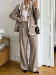 Easowa Women's Piped Long Sleeve Jacket And Pants Casual Commute Suit Set - Khaki - View 3