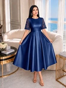 Auveirra Plus Size Women's Solid Color Round Neck Contrast Lace Short Sleeve Elegant Dress Wedding Formal Christening Guest Formal Dinner Navy Blue Summer - Navy Blue - View 6