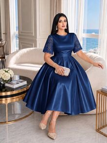 Auveirra Plus Size Women's Solid Color Round Neck Contrast Lace Short Sleeve Elegant Dress Wedding Formal Christening Guest Formal Dinner Navy Blue Summer - Navy Blue - View 1