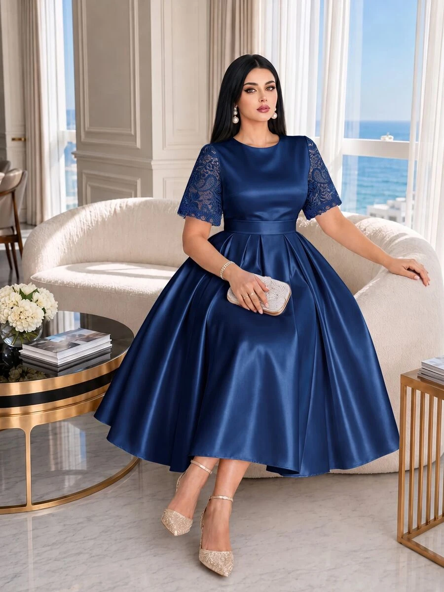 Auveirra Plus Size Women's Solid Color Round Neck Contrast Lace Short Sleeve Elegant Dress Wedding Formal Christening Guest Formal Dinner Navy Blue Summer - Navy Blue - View 1