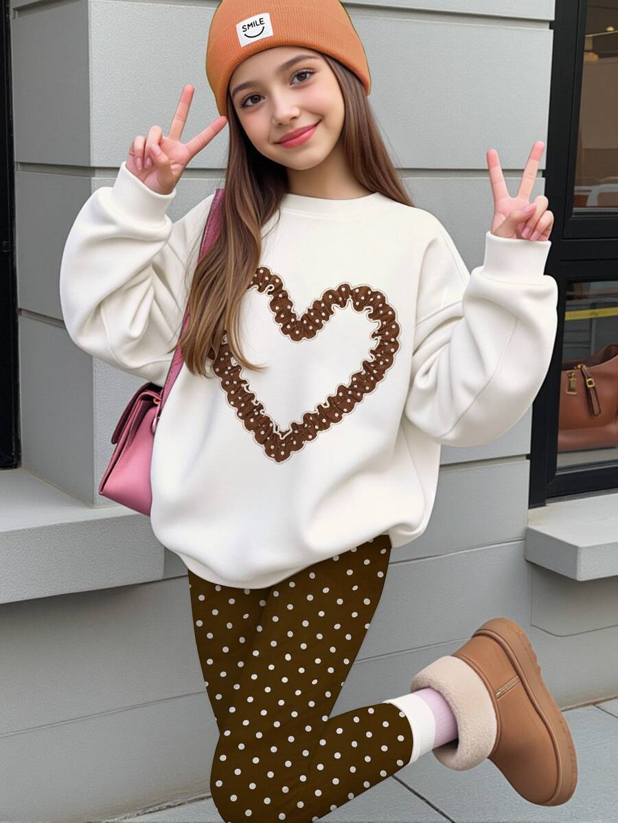 Tween女孩可愛紋理波點與愛心圖案,美拉德色調,圓領抓絨衛衣與鬆緊腰長褲套裝,適合秋冬寒冷天氣,日系可愛舒適秋冬風格 - 彩色 - 查看 1