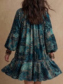 Solivie 女款秋季V領印花百褶休閒派對中長洋裝 優雅女裝 度假穿搭 女款鄉村音樂會穿搭 - 藍色 - 查看 2