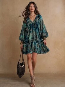 Solivie 女款秋季V領印花百褶休閒派對中長洋裝 優雅女裝 度假穿搭 女款鄉村音樂會穿搭 - 藍色 - 查看 1