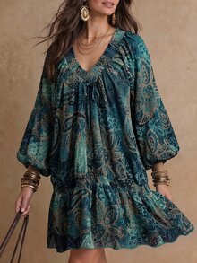 Solivie 女款秋季V領印花百褶休閒派對中長洋裝 優雅女裝 度假穿搭 女款鄉村音樂會穿搭 - 藍色 - 查看 3