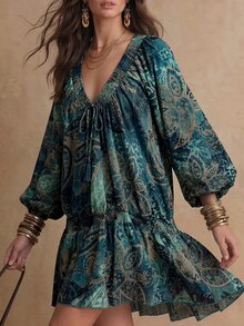 Solivie 女款秋季V領印花百褶休閒派對中長洋裝 優雅女裝 度假穿搭 女款鄉村音樂會穿搭 - 藍色 - 查看 5
