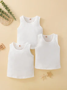 SHEIN 3 قطع تي-شيرت بدون أكمام صلبة للأولاد الصغار - أبيض - مشاهدة 3