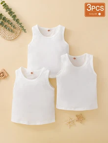 SHEIN 3 قطع تي-شيرت بدون أكمام صلبة للأولاد الصغار - أبيض - مشاهدة 1