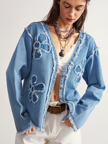 Bohemela Casual Solid Color Woven Denim Jacket For Women - Blue - View 4