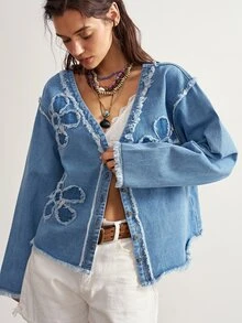 Bohemela Casual Solid Color Woven Denim Jacket For Women - Blue - View 5
