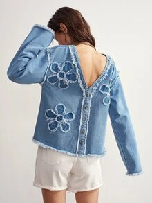 Bohemela Casual Solid Color Woven Denim Jacket For Women - Blue - View 1
