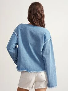 Bohemela Casual Solid Color Woven Denim Jacket For Women - Blue - View 7