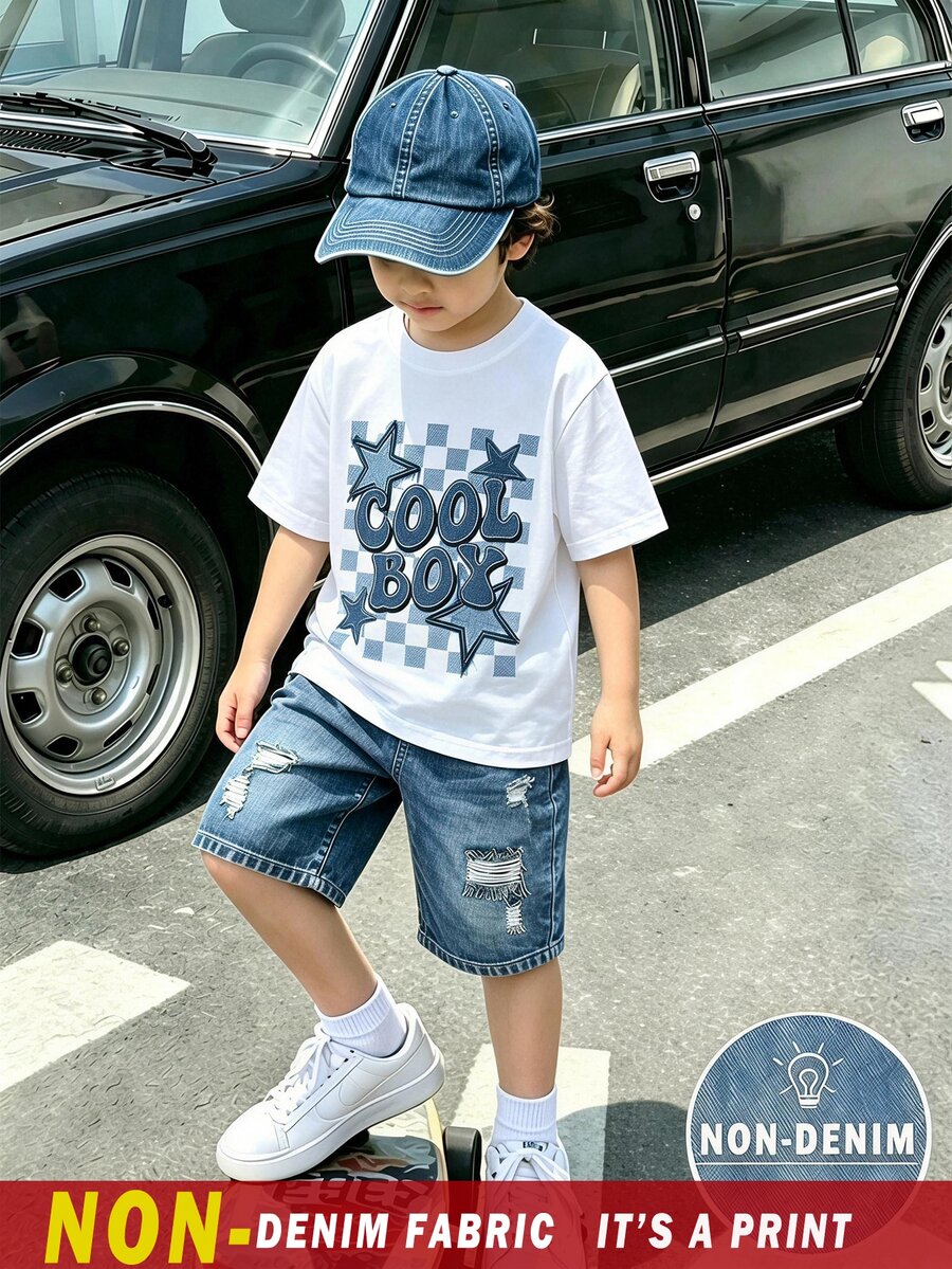 青少年男孩圓領字母印花短袖T恤與短褲休閒日常套裝 - 彩色 - 查看 1