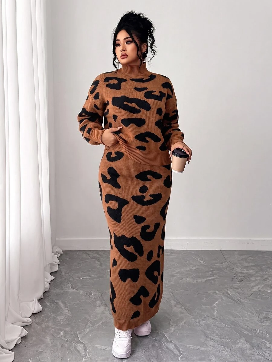Linhara CURVE Autumn/Winter Thick Plus Size Leopard Print Crew Neck Pullover Sweater & Bodycon Midi Skirt 2-Piece Set Halloween - Coffee Brown - View 1