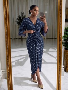 SHEIN Lady CURVE 大尺碼女款時尚V領腰部打結海軍藍不對稱下擺洋裝，適合早午餐、正式場合、辦公室，秋季優雅風 - 藏蓝色 - 查看 4