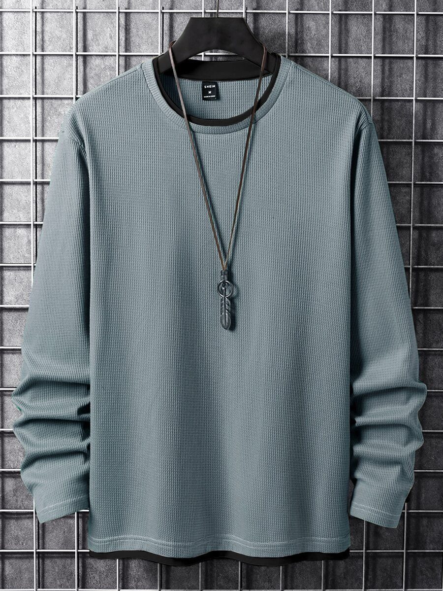 Manfinity Homme Men's Colorblock Crew Neck Long Sleeve Casual Versatile T-Shirt - Blue - View 1