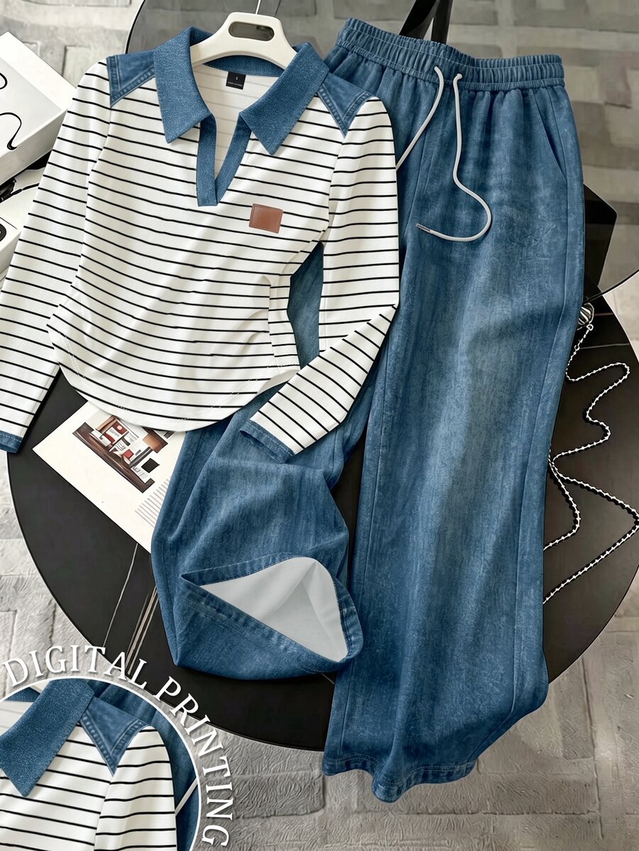 Resyla Women's Striped Contrast Color Denim Long Sleeve Top And Drawstring Waist Long Pants Casual Daily 2-Piece Set - Multicolor - View 1