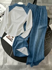 Resyla Women's Striped Contrast Color Denim Long Sleeve Top And Drawstring Waist Long Pants Casual Daily 2-Piece Set - Multicolor - View 2