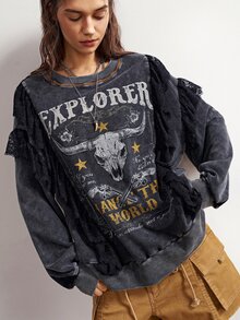 Bohemela Women's Letter Print Lace Patchwork Long Sleeve Sweatshirt Rave Concert Dark Grey Autumn Grunge Country - Black - View 6