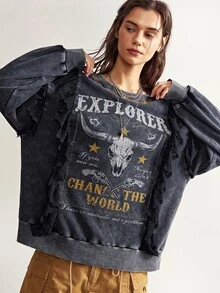 Bohemela Women's Letter Print Lace Patchwork Long Sleeve Sweatshirt Rave Concert Dark Grey Autumn Grunge Country - Black - View 1