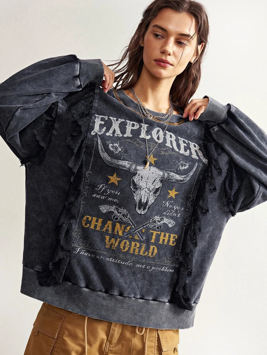Bohemela Women's Letter Print Lace Patchwork Long Sleeve Sweatshirt Rave Concert Dark Grey Autumn Grunge Country - Black - View 1