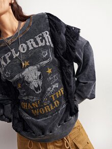 Bohemela Women's Letter Print Lace Patchwork Long Sleeve Sweatshirt Rave Concert Dark Grey Autumn Grunge Country - Black - View 4