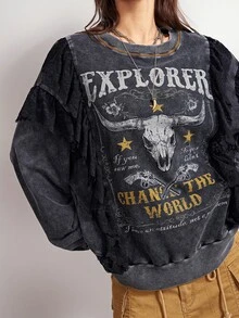 Bohemela Women's Letter Print Lace Patchwork Long Sleeve Sweatshirt Rave Concert Dark Grey Autumn Grunge Country - Black - View 3