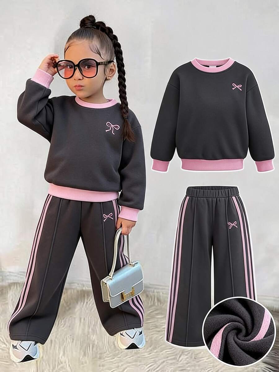 Kids Young Girls Young Girl Casual Versatile Grey & Pink Colorblock Sweatshirt Set 2pcs Thickened Autumn/Winter New Bow Print - Grey - View 1
