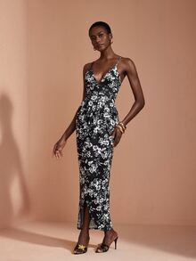 JIAN LASALA Knit Floral Print Adjustable Strap Ruched Bustier Draped Long Dress Elegant Vacation Party - Black and White - View 4
