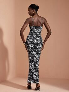 JIAN LASALA Knit Floral Print Adjustable Strap Ruched Bustier Draped Long Dress Elegant Vacation Party - Black and White - View 2
