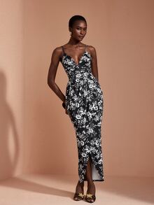 JIAN LASALA Knit Floral Print Adjustable Strap Ruched Bustier Draped Long Dress Elegant Vacation Party - Black and White - View 5