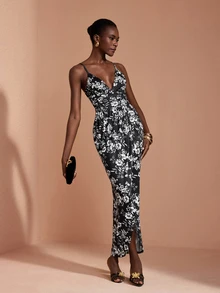 JIAN LASALA Knit Floral Print Adjustable Strap Ruched Bustier Draped Long Dress Elegant Vacation Party - Black and White - View 1
