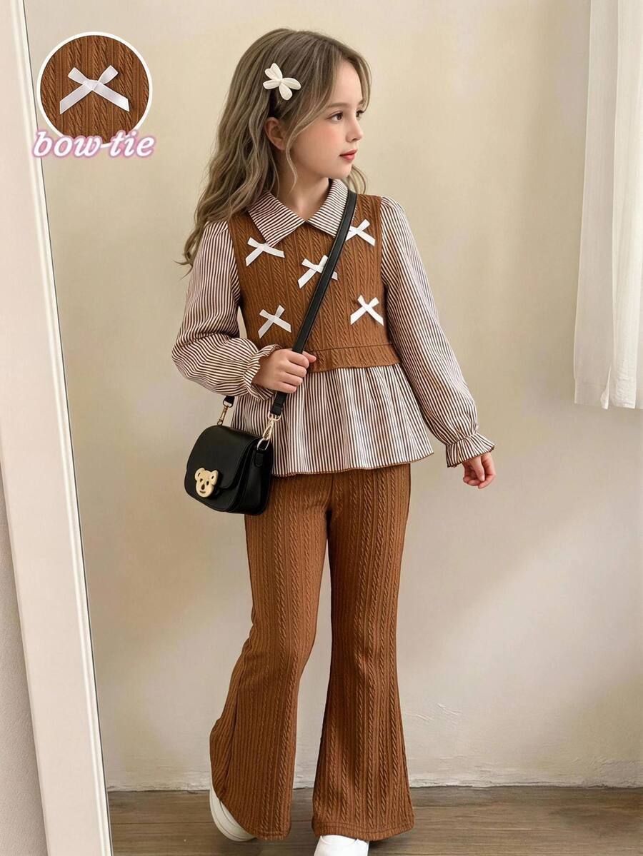 SHEIN Elladie kids 女童春秋休閒襯衫套裝,條紋 3D 白色蝴蝶結針織麻花拼接梭織布料長袖翻領荷葉邊下擺 2 合 1 上衣,搭配針織棕色麻花休閒喇叭長褲,2 件套,適合返校季,休閒時尚,甜美可愛淑女風,日常穿著、旅行、拍照 - 棕色 - 查看 1