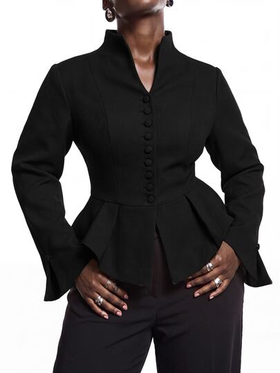 LYSMO Plus Size Women Solid Color Pleated Casual Commuter Blazer