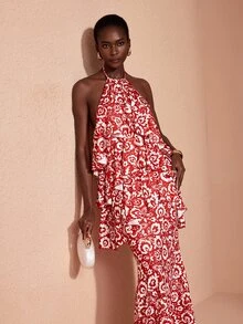 JIAN LASALA Knit Halter Neckline Sleeveless Multi Layers Long Dress Elegant Party Vacation - Red - View 6