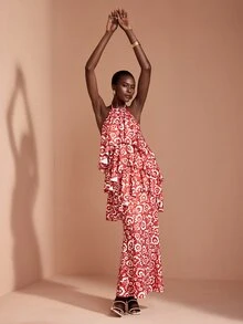 JIAN LASALA Knit Halter Neckline Sleeveless Multi Layers Long Dress Elegant Party Vacation - Red - View 3