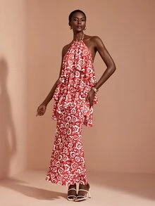 JIAN LASALA Knit Halter Neckline Sleeveless Multi Layers Long Dress Elegant Party Vacation - Red - View 1