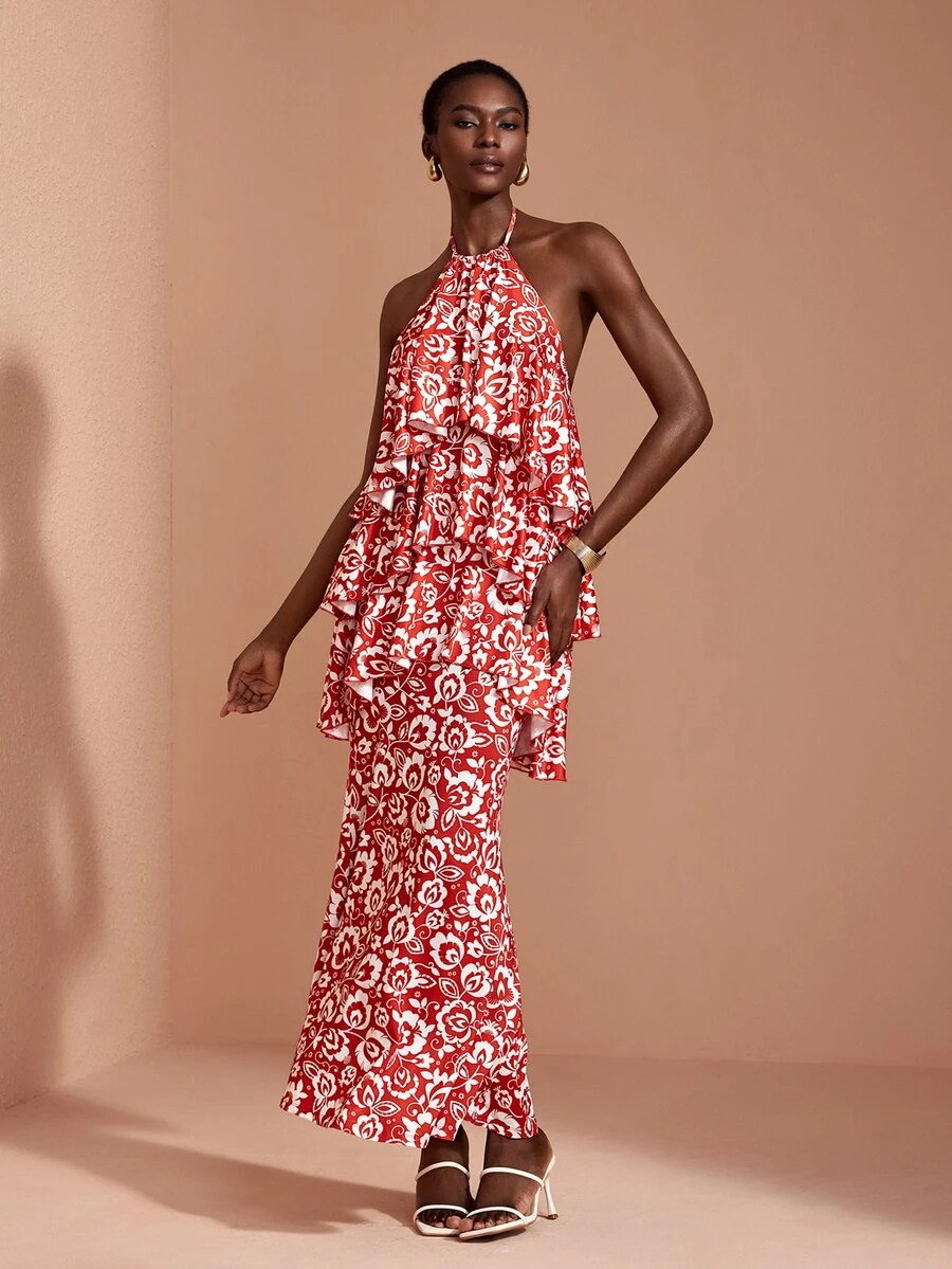 JIAN LASALA Knit Halter Neckline Sleeveless Multi Layers Long Dress Elegant Party Vacation - Red - View 1