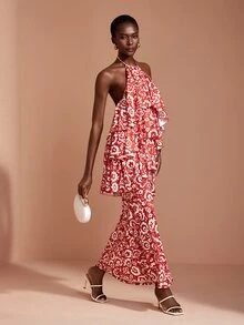 JIAN LASALA Knit Halter Neckline Sleeveless Multi Layers Long Dress Elegant Party Vacation - Red - View 5