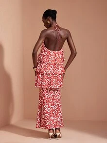 JIAN LASALA Knit Halter Neckline Sleeveless Multi Layers Long Dress Elegant Party Vacation - Red - View 2