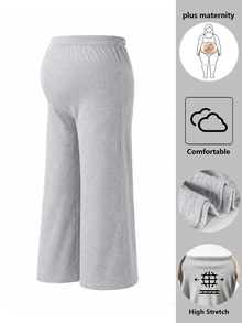 SHEIN Grey Long Wide Leg Maternity Plus Size Pants, Casual Comfortable Daily Wear For Spring And Autumn - Grey - View 4