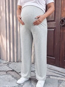 SHEIN Grey Long Wide Leg Maternity Plus Size Pants, Casual Comfortable Daily Wear For Spring And Autumn - Grey - View 3