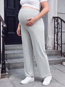 SHEIN Grey Long Wide Leg Maternity Plus Size Pants, Casual Comfortable Daily Wear For Spring And Autumn - Grey - View 1