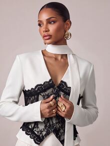 Lumalex Women's Elegant Commute Black & White Color Block Black Lace Design Blazer Jacket, Autumn Style,Teacher - White - View 2