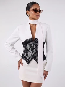 Lumalex Women's Elegant Commute Black & White Color Block Black Lace Design Blazer Jacket, Autumn Style,Teacher - White - View 8