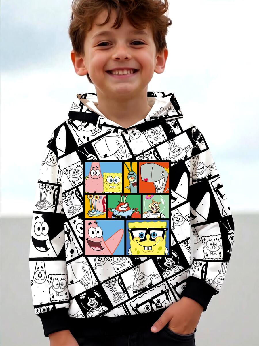 SpongeBob SquarePants | SHEIN 小男孩全印花連帽衛衣,長袖休閒針織套頭衫,可愛卡通連帽衫,適合春季秋季日常穿著與返校季 - 黑色 - 查看 1