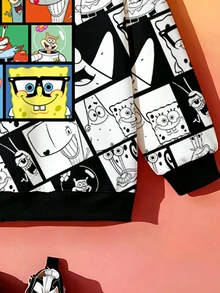 SpongeBob SquarePants | SHEIN 小男孩全印花連帽衛衣，長袖休閒針織套頭衫，可愛卡通連帽衫，適合春季秋季日常穿著與返校季 - 黑色 - 查看 5